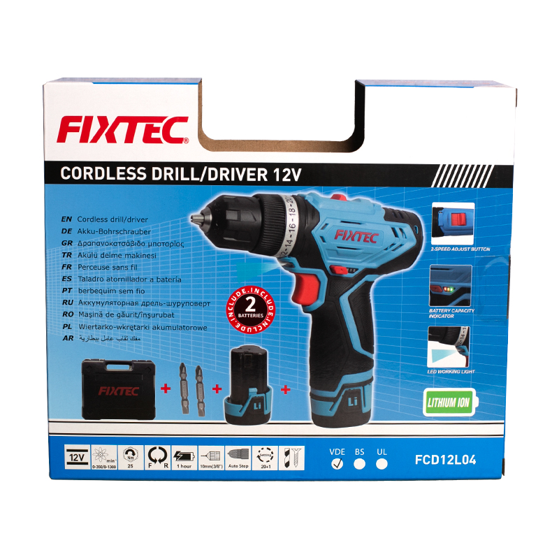 Fixtec Cordless Drill Driver Kit with 2 Batteries 12V Power Drill 25nm 20+1 Clutch Variable Speed Electric Screw Driver